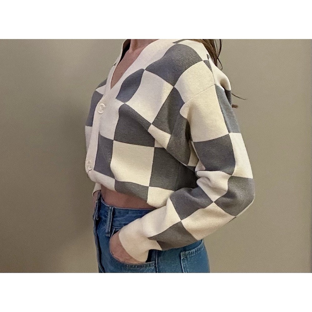 Willow‎ And Wind XS Checkered Cardigan Ivory/grey. Valentine's Girly Slay Crop - Picture 6 of 16